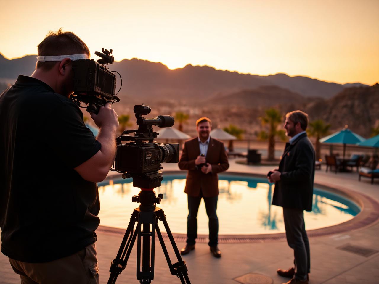 Camera crew filming hosts on the resort pool deck at sunset