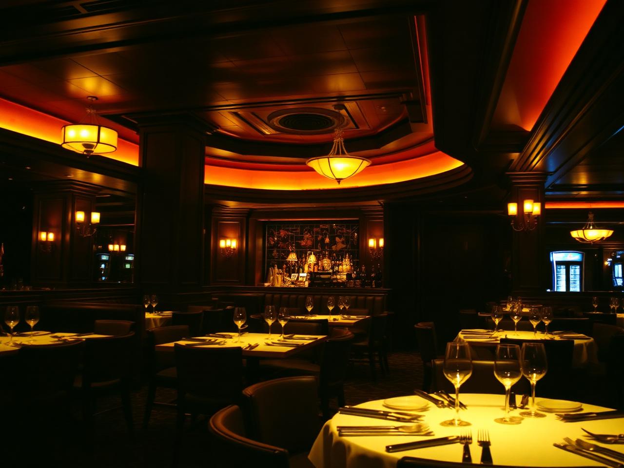 Dimly lit steakhouse dining room inside the resort