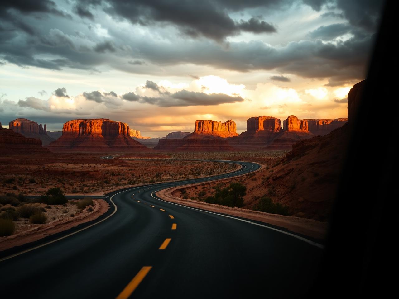 Desert highway curving through red mesas at golden hour