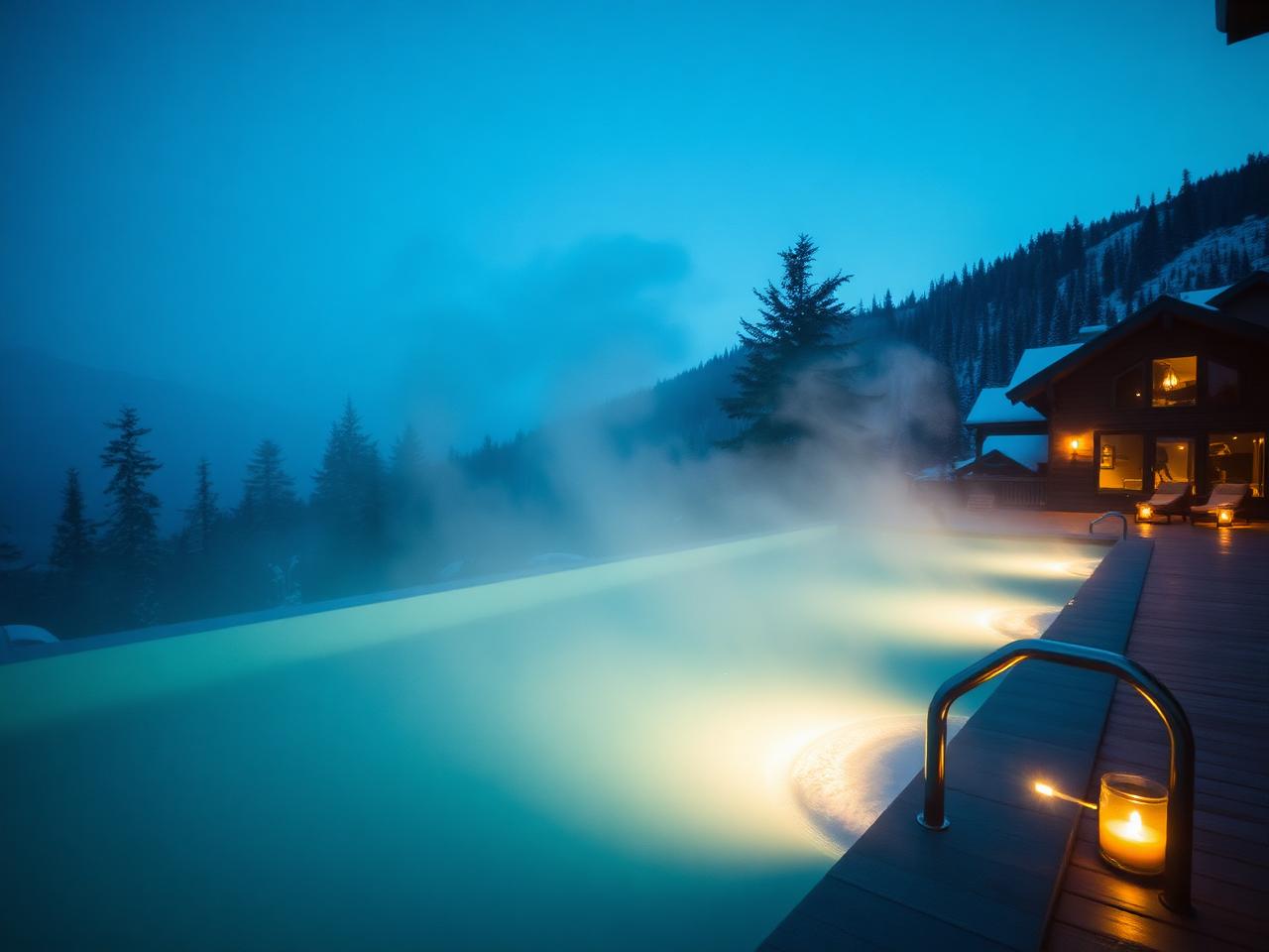 Geothermal infinity pool steaming at blue hour
