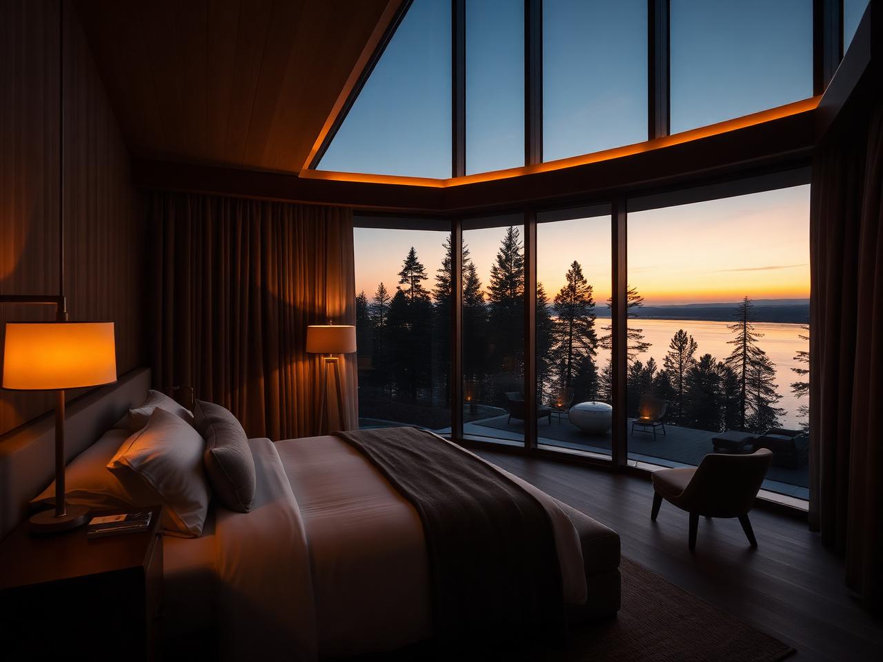Suite interior with a floor-to-ceiling lake window at dusk