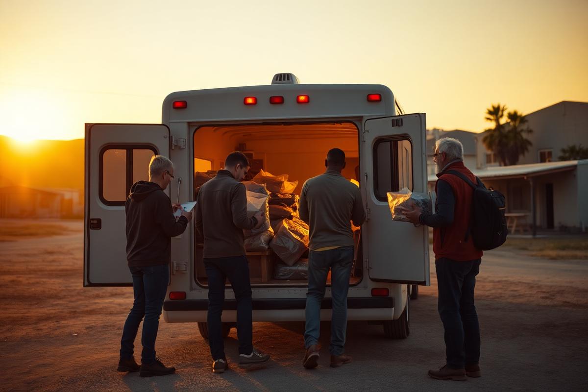 Volunteers unloading supplies from an RV at sunset