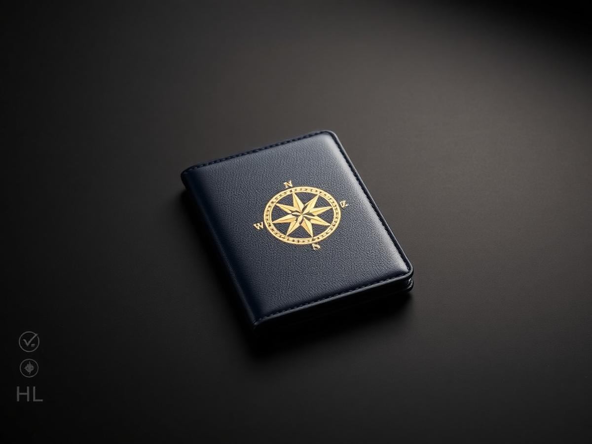 Navy leather RoamJack passport with a gold compass emblem