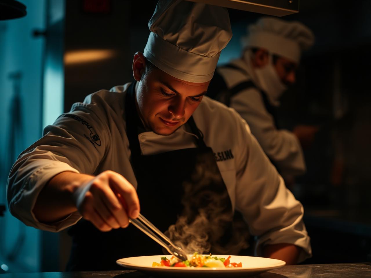 Chef plating a dish in a dark kitchen