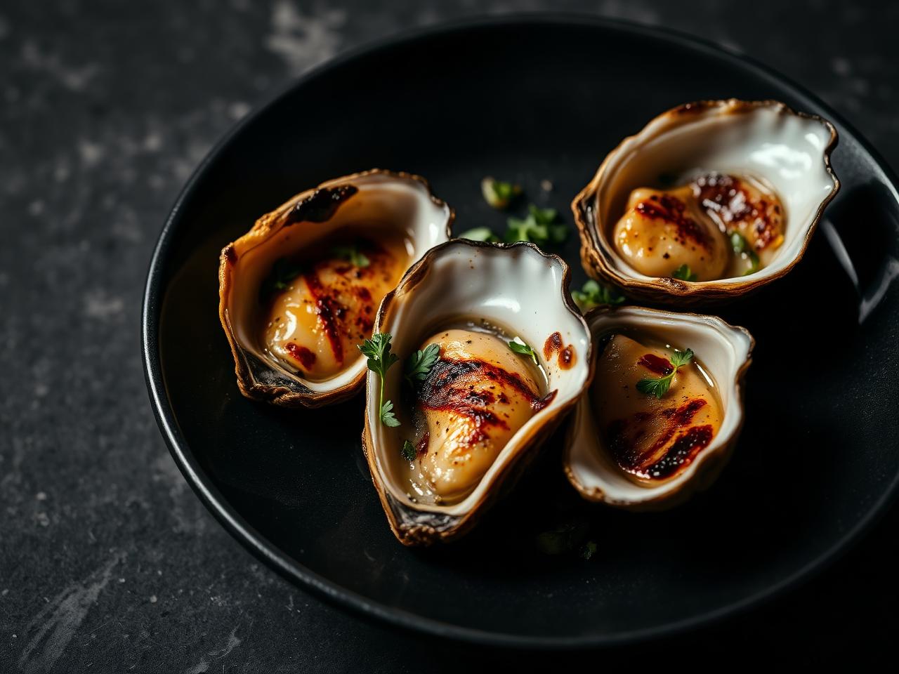 Char-grilled oysters plated on dark ceramic